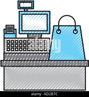 Registratore di cassa macchina stampante ricevute e borsa regalo di shopping Illustrazione Vettoriale