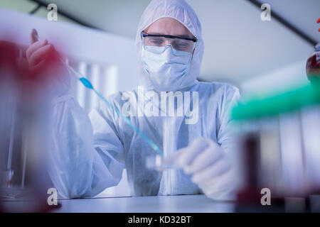 Lavoratore di laboratorio mediante pipetta lungo per trasferire il liquido alla capsula di petri Foto Stock