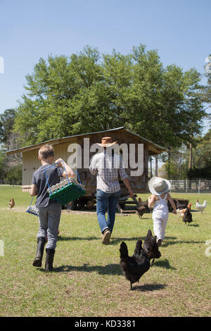 Madre e due bambini che lavorano in azienda, camminando verso il pollaio, vista posteriore Foto Stock