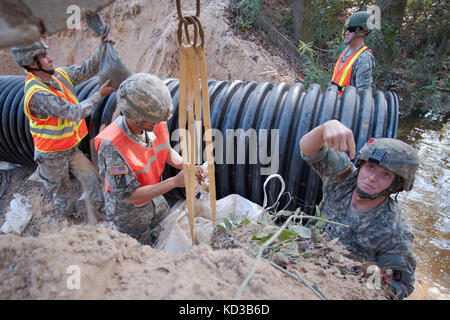 S.c. esercito nazionale guard spc. connor ulyatt con il 1221st engineering company da graniteville, s.c., dirige l'escavatore idraulico operatore con l'immissione dei sacchi di sabbia come un team di ingegneri lavorano per sostituire un lavato fuori canale sotterraneo su lexington County road a Gilbert, s.c. oct. 24, 2015. soldati con la s.c. esercito guardia nazionale di continuare a fornire un sostegno diretto alle inondazioni e di ripristino di emergenza di riparazioni su strada come risultato delle recenti inondazioni. La Carolina del Sud la guardia nazionale collabora con federali, statali e locali di gestione delle emergenze le agenzie e i soccorritori. (Stati Uniti esercito nazionale Foto Stock