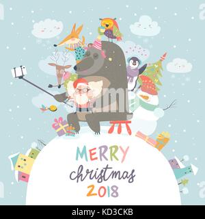 Simpatici animali con Babbo Natale prendere un selfie Illustrazione Vettoriale