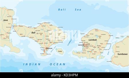 Vettore mappa stradale di indonesian Lesser Sunda islands bali e lombok Illustrazione Vettoriale