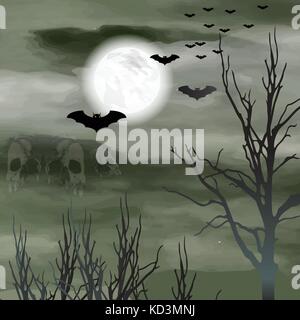 Sfondo di halloween con cranio montagna, luna piena, pipistrelli e gli alberi morti, verde scuro e spaventoso utilizzo del tema per la festa di Halloween o parte Illustrazione Vettoriale