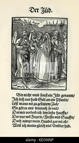 Moneilender Ebraico (titolo recita 'l'ebreo' - der Jud), da Das Standedebch, (Panoplia omnium illiberalium mechanicarum..., Libro dei mestieri) Collezione di tagli di legno di Jost Amman (13 giugno 1539 - 17 marzo 1591), 1568 con rime di accompagnamento di Hans Sachs (5 novembre 1494 - 19 gennaio 1576) Foto Stock