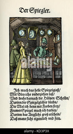 Mirror Maker (der Spiegler), dal Libro dei mestieri / Das Standedededebch (Panoplia omnium illiberalium mechanicarum...), Collezione di tagli di legno di Jost Amman (13 giugno 1539 - 17 marzo 1591), 1568 con rima di accompagnamento di Hans Sachs (5 novembre 1494 - 19 gennaio 1576) Foto Stock