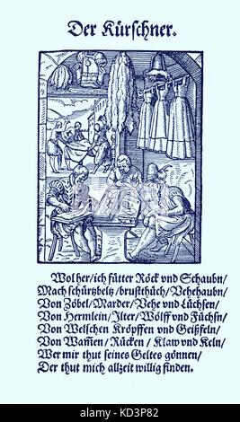 Furrier (der Kurschner), dal Libro dei mestieri / Das Standededededebch (Panoplia omnium illiberalium mechanicarum...), raccolta di tagli di legno di Jost Amman (13 giugno 1539 - 17 marzo 1591), 1568 con rima di accompagnamento di Hans Sachs (5 novembre 1494 - 19 gennaio 1576) Foto Stock