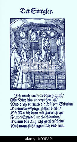 Mirror Maker (der Spiegler), dal Libro dei mestieri / Das Standedededebch (Panoplia omnium illiberalium mechanicarum...), Collezione di tagli di legno di Jost Amman (13 giugno 1539 - 17 marzo 1591), 1568 con rima di accompagnamento di Hans Sachs (5 novembre 1494 - 19 gennaio 1576) Foto Stock