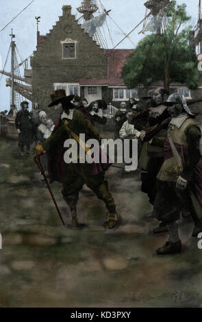 Arrivo di Peter Stuyvesant a New Amsterdam (ora New York)1647. Ultimo governatore olandese di New York. Coloni olandesi 1640. Illustrazione di Howard Pyle, 1883 Foto Stock