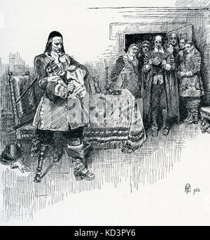 Peter Stuyvesant, ultimo governatore olandese di New York (allora New Amsterdam), strappa la lettera inviata a nome di Carlo II e Giacomo, duca di York, chiedendo la resa di New York agli inglesi del 1664. Illustrazione di Howard Pyle, 1883 Foto Stock