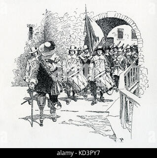 Peter Stuyvesant, ultimo governatore olandese di New York (allora New Amsterdam), cede Fort Amsterdam agli inglesi, nel 1664. Illustrazione di Howard Pyle, 1883 Foto Stock