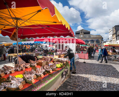 CONCARNEAU MERCATO ALL'APERTO Francese fresco produrre le bancarelle del mercato in piazza con mercato coperto in background Concarneau Bretagna Francia Foto Stock