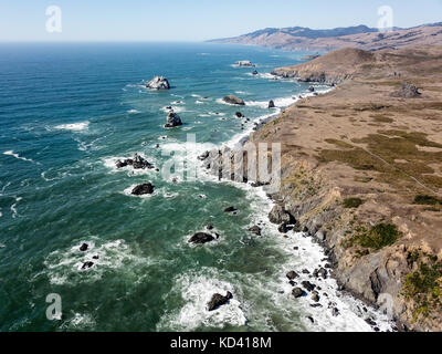 L'oceano pacifico lavaggi contro la costa rocciosa di Sonoma, California. La famosa highway 1 scorrono lungo questo bellissimo e robusto litorale. Foto Stock