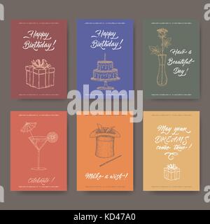 Set di sei brillanti formato a4 vintage cartoline di compleanno con la calligrafia, dono, torta, fiore, cocktail, magic hat sketch. Illustrazione Vettoriale