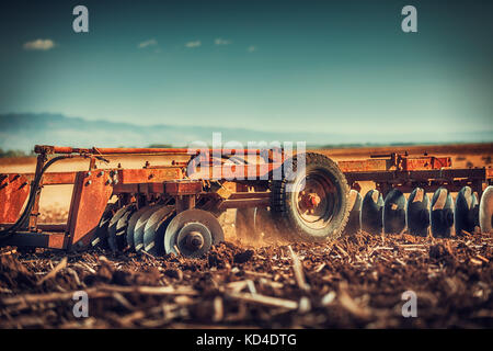 L'agricoltore nel trattore la preparazione di terra con il seedbed coltivatore, sunset shot Foto Stock