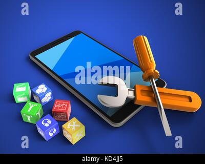 3d illustrazione del telefono cellulare su sfondo blu con cubetti e gli strumenti di riparazione Foto Stock