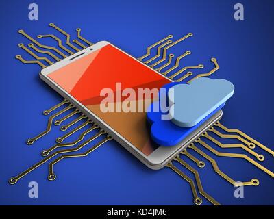 3d illustrazione del telefono bianco su sfondo blu con il circuito elettronico E NUVOLE Foto Stock