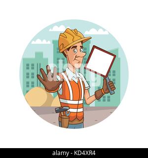 Lavoratore con attrezzo sul paesaggio urbano cartoon Illustrazione Vettoriale