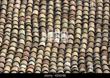 Alcune coperture tegole pan in righe su un tetto usata invece di liste di Conciatetti Foto Stock