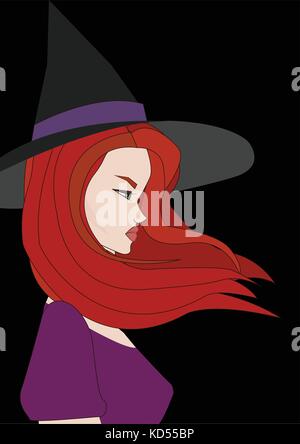 Testa di una strega in un viola hat su sfondo scuro Illustrazione Vettoriale