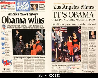 Giornale pagina anteriore in primo piano su Obama la prima vittoria. Stati Uniti d'America oggi e i tempi della LA su nov. 5, 2008. Venduto come souvenir all inaugurazione nel lavare DC. Foto Stock