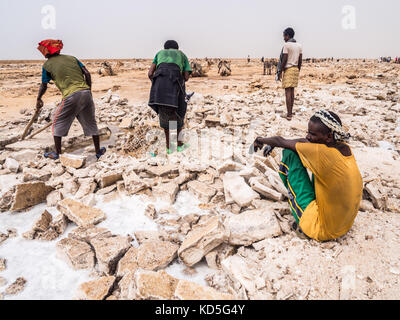 Danakil depressione, Etiopia - giugno 29, 2016: lontano uomo mining sale di appartamenti nella regione di Afar, danakil depressione, Etiopia. Foto Stock