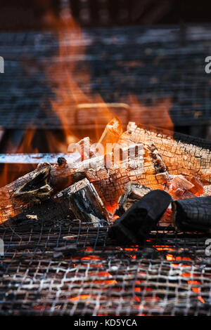 Carbone di legna fire grill, vicino a fiamme vive Foto Stock