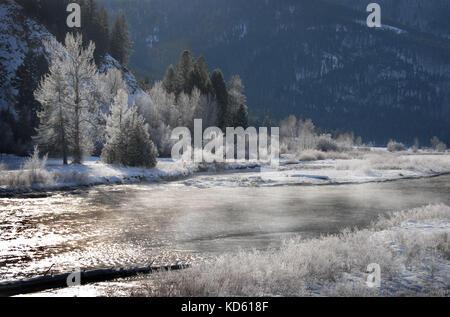 La formazione di ghiaccio sul Fiume Clark Fork in Montana Occidentale. Foto Stock