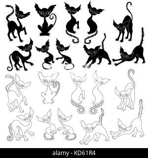 Set di Halloween di dieci divertente gatto sagome e con dieci rispettivi contorni, illustrazioni vettoriali isolati su sfondo bianco Illustrazione Vettoriale