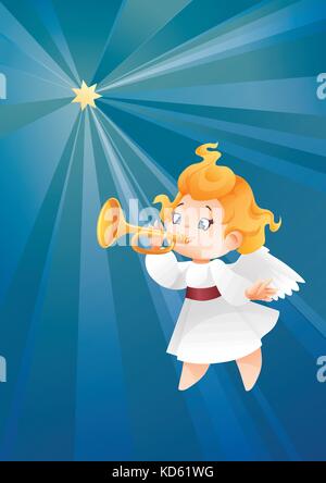 Kid angelo musicista a volare su un cielo notturno, rendendo fanfara chiamata Illustrazione Vettoriale