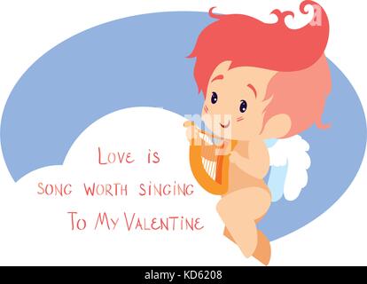 Cupido giocando love song musica su hurp. manoscritte citazione divertente Illustrazione Vettoriale