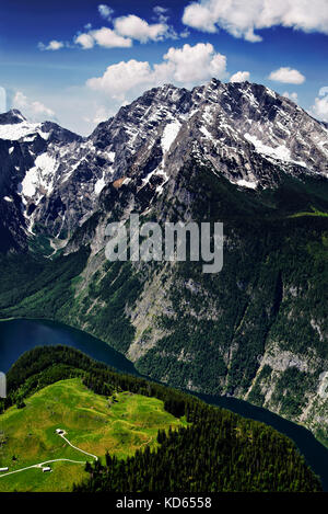 King's Lake, Königssee, Watzmann parete orientale, Berchtesgadener Land, Alta Baviera, Baviera, Germania. Foto Stock