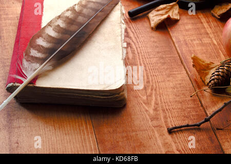 Svuotare libro aperto, vecchi accessori e cartoline. romantico sfondo vintage Foto Stock