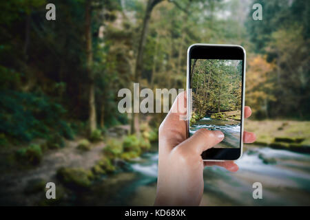 Immagine ritagliata della mano che tiene smart phone contro rapids che scorre lungo la lussureggiante foresta Foto Stock