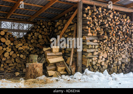 Legnaia piena di legna da ardere spaccati. bellissima scena di ogni giorno della vita rurale in inverno. energia ecologica concetto Foto Stock