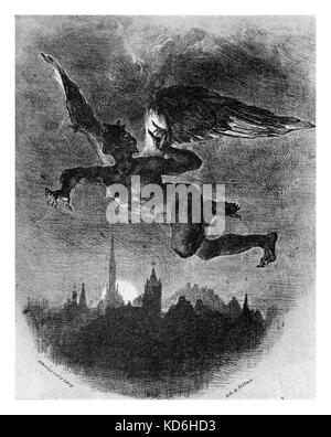Satana volando sopra la città di notte. Litografia di Delacroix. La dannazione di Faust ("La Damnation de Faust', 1846) di Berlioz. Il compositore francese, 1803-1869. Foto Stock