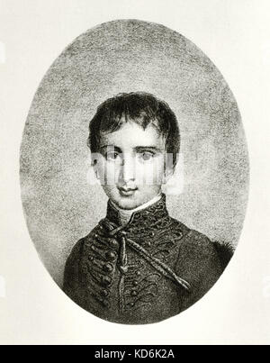 Franz Liszt come un giovane ragazzo in 1820, in costume ungherese che egli ha ricevuto dal principe Esterházy. Dopo incisione di un ritratto di Ferdinando de Luttgendorf-Leinburg - Ungherese pianista e compositore, 22 Ottobre 1811 - 31 luglio 1886. Foto Stock