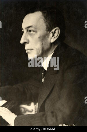 Sergei Rachmaninov ritratto. Il russo pianista e compositore (1873-1943) G L Manuel p. Vecchia cartolina Foto Stock
