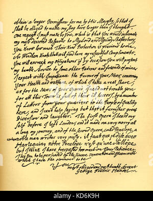 Handel's lettera da Dublino a Charles Jennens che hanno selezionato le parole da Isiah nella Bibbia per 'Messiah' oratorio. Parole in musica prima ha lasciato l'Inghilterra per l'Irlanda. Con lettera del 29 dicembre 1741, l'ultima pagina. Uso della lingua francese per bawdy commentare un opera che egli aveva sentito: '…il faut que je dise qu'avec Harlequin notre Pénélope n'est qu'une salope'. Compositore tedesco-inglese, 1685-1759. Foto Stock