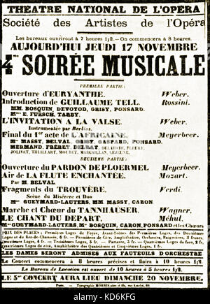 Opera parigino Poster da 17 Novembre 1870 Théâtre National de l'Opéra. La Société des Artistes de l'Opéra, 'Quatrieme Soiree Musicale". Weber, Rossini, Meyerbeer, Mozart, Verdi Wagner, Méhul. Foto Stock