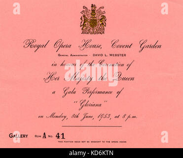 Incoronazione ticket per prestazioni in onore della regina Elisabetta II incoronazione, 1953. Prestazioni di Gala di Vincenzo di Britten con Pietro Pere e Geraint Evans, condotti da John Pritchard, 8 giugno 1953 Covent Garden Royal Opera House di concerto. Foto Stock