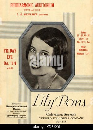 Lily Pons - Ritratto sul coperchio del programma datato 14 ottobre 1932, Metropolitan Opera Company di New York, Stati Uniti d'America. La coloratura americano soprano / Francese nascita, 16 Aprile 1898 - 13 gennaio 1976. Foto Stock