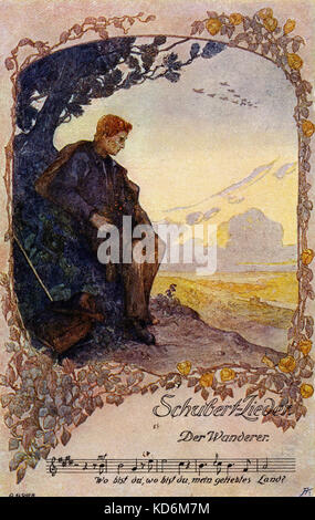 Franz Schubert il vagabondo. Scena sulla cartolina illustrata da O. Elsner. Il compositore austriaco, 31 Gennaio 1797 - 19 novembre 1828 Druck J. Gerstmayer, Vienna Foto Stock