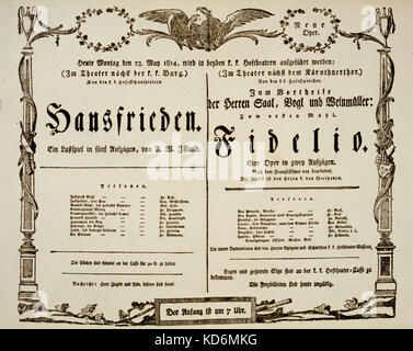 Fidelio poster / Annuncio di prestazioni 23 Maggio 1814 a Vienna Karnterthor del teatro. Fidelio di Beethoven, del compositore tedesco, 17 dicembre 1770- 26 Marzo 1827 / (premiered Vienna 1805) Foto Stock