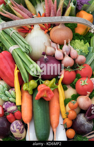 Trug vegetali visualizza a Malvern Autunno Mostra, Worcestershire, Regno Unito Foto Stock