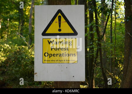 Giallo e nero segno di avvertimento attaccato ad albero circa le operazioni forestali abbattimento degli alberi nei boschi a grande doward herefordshire England Regno Unito Foto Stock