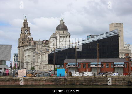 Guardando il Royal Liver Building dall'Albert Dock, Liverpool, a fianco della Great Western Railway warehouse Foto Stock