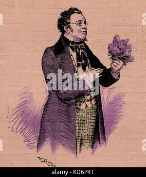 Franz Schubert holding lillà. Il compositore austriaco, 31 Gennaio 1797 - 19 novembre 1828. Punteggio sul coperchio per compostition 'tempo di lilla' . Fiori Foto Stock