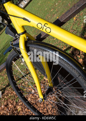 Un giallo OFO noleggiare biciclette o moto appoggiata contro una ringhiera in un parco a Cambridge Regno Unito Foto Stock