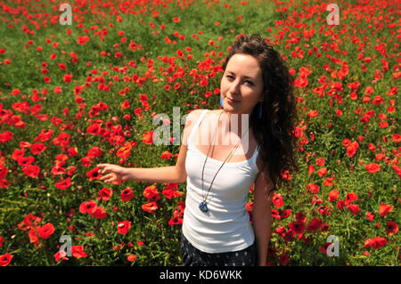 Ragazza piuttosto di papavero (Papaver somniferum) fiori ione del campo Giorno di sole in estate. Foto Stock