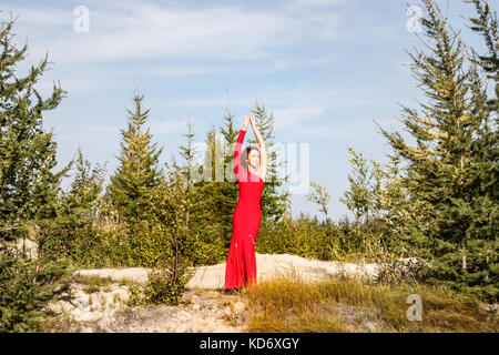 Signora in un abito rosso nella foresta di estate Foto Stock